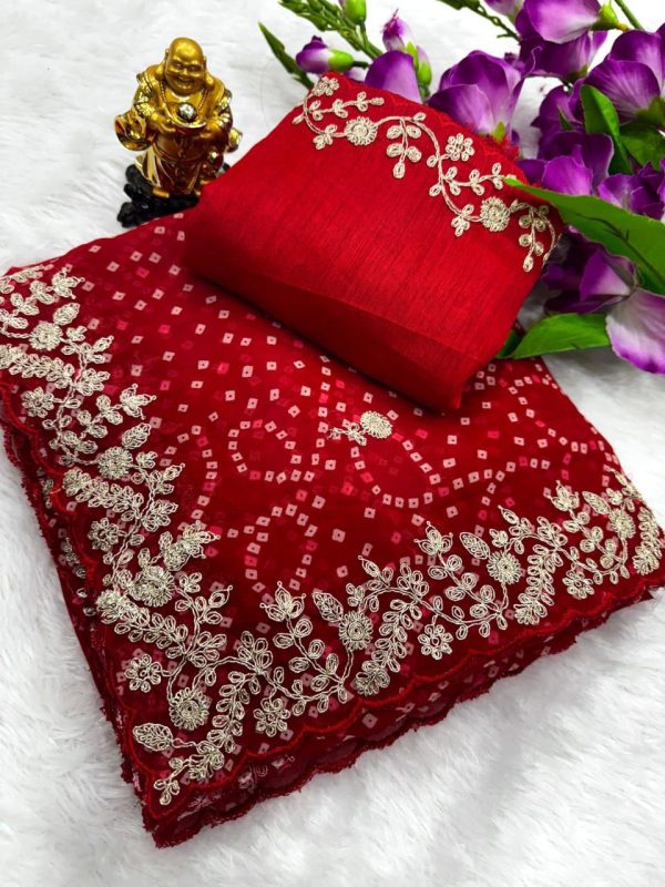Beautiful Red Color Georgette Bandhni Print With Sober Pita Work Embroidery Saree