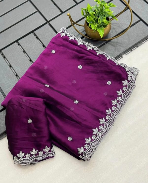 Beautiful Wine Color Rangoli Chiffon Embroidery Cut Work Saree