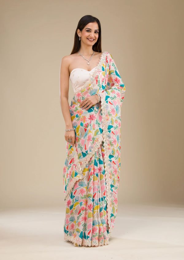 Wonderful Cream Color Georgette Digital Prints & Embroidery Codding Sequins Work Saree