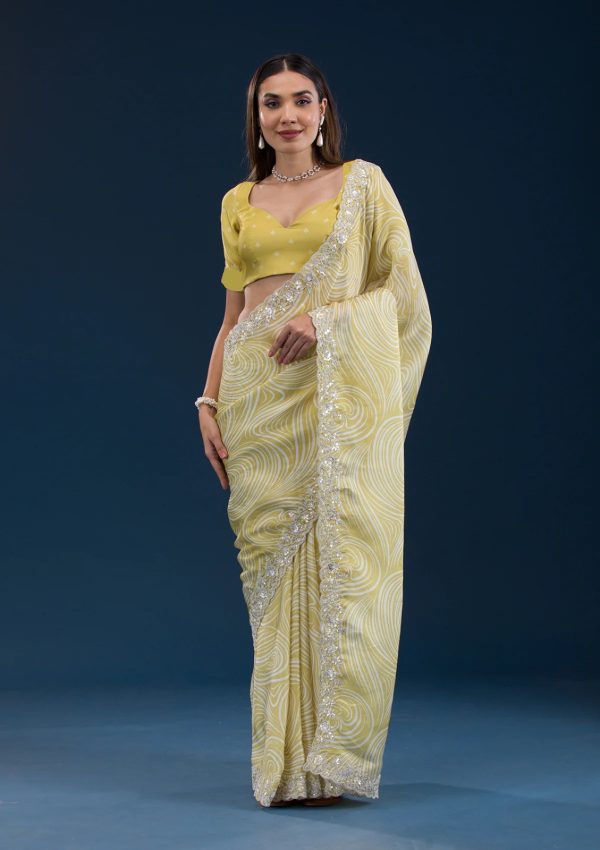 Classic Lemon Yellow Color Georgette Digital Prints & Embroidery Codding Sequins Work Saree