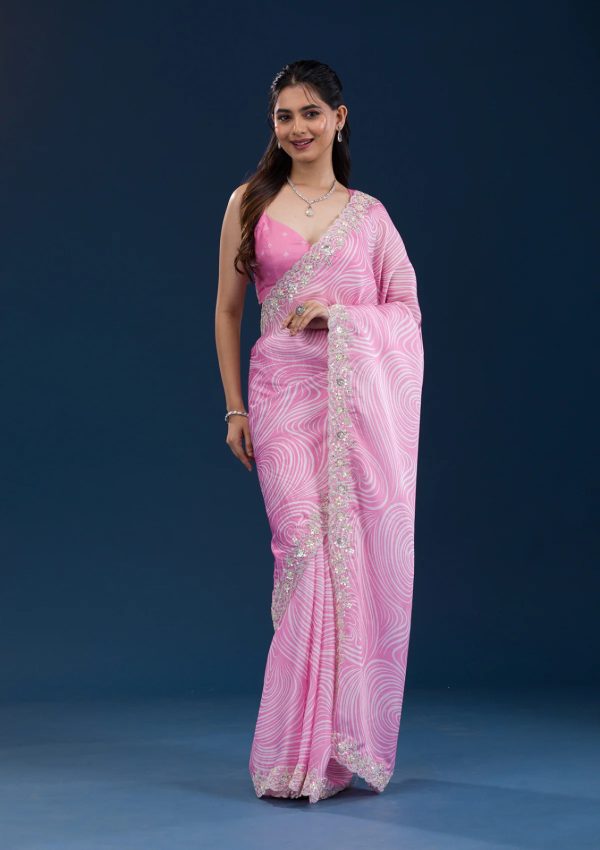 Classic Light Pink Color Georgette Digital Prints & Embroidery Codding Sequins Work Saree