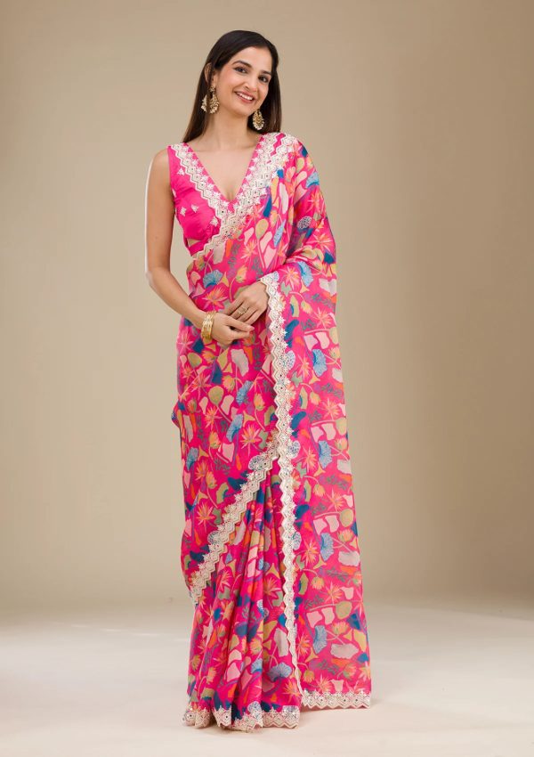 Wonderful Peach Color Georgette Digital Prints & Embroidery Codding Sequins Work Saree