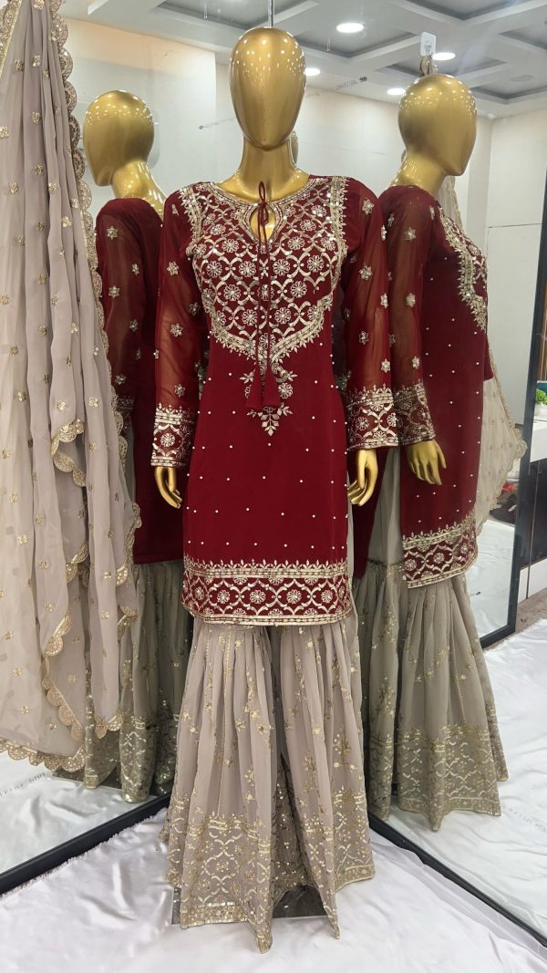 Classic Red Color Faux Georgette With 5mm Embroidery Sequence Thread Work Salwar Suit