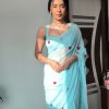 Classic Sky Blue soft Georgette silk with embroidery red color heart design Saree