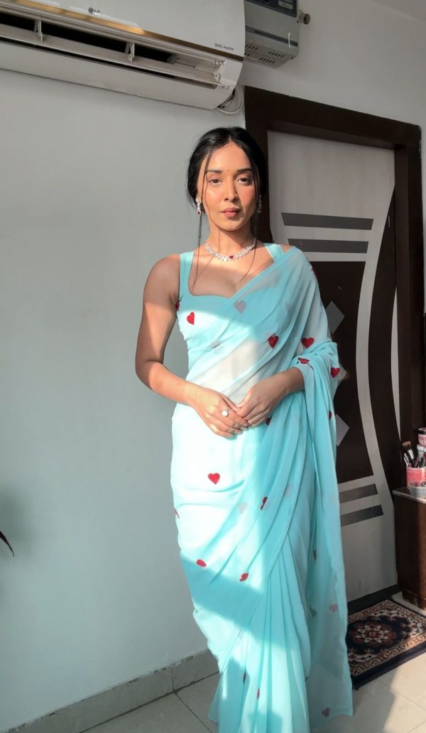 Classic Sky Blue soft Georgette silk with embroidery red color heart design Saree