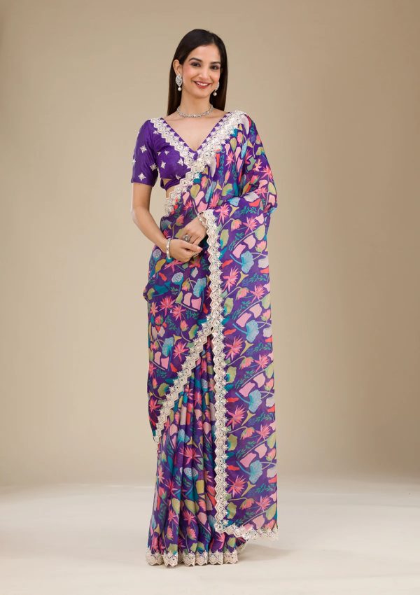 Wonderful Violet Color Georgette Digital Prints & Embroidery Codding Sequins Work Saree