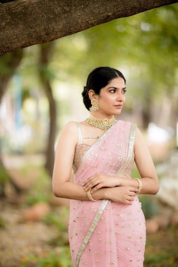 Excellent Pink Color Nylon Butterfly Net Fancy Multi Thread Lace With Sequins Work Saree