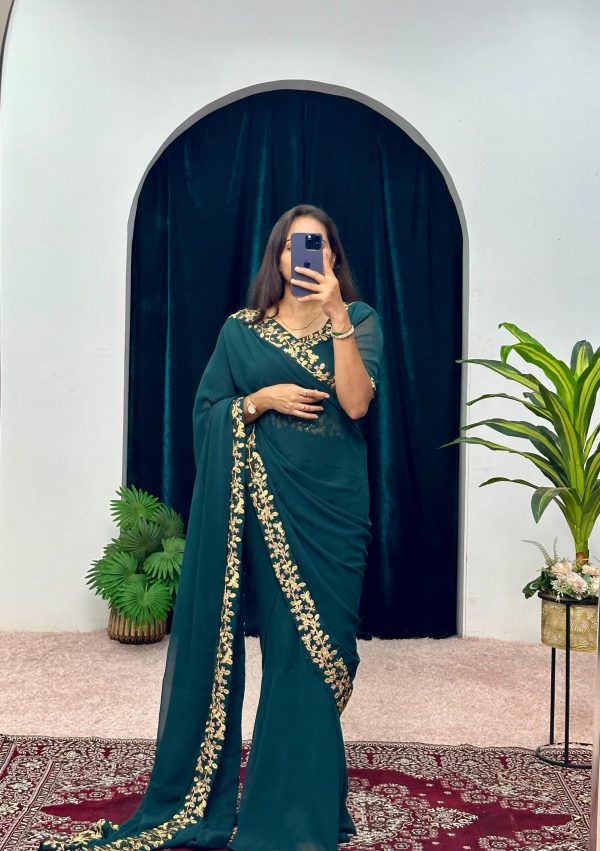 Exotic Peacock Blue Color Faux Georgette Embroidery Work Border Stitched Saree-Gown