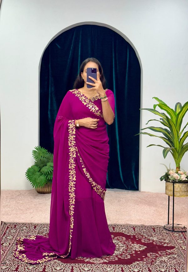 Exotic Purple Color Faux Georgette Embroidery Work Border Stitched Saree-Gown