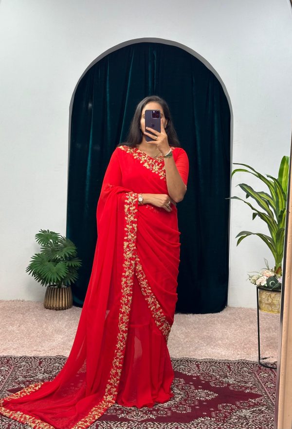 Exotic Red Color Faux Georgette Embroidery Work Border Stitched Saree-Gown