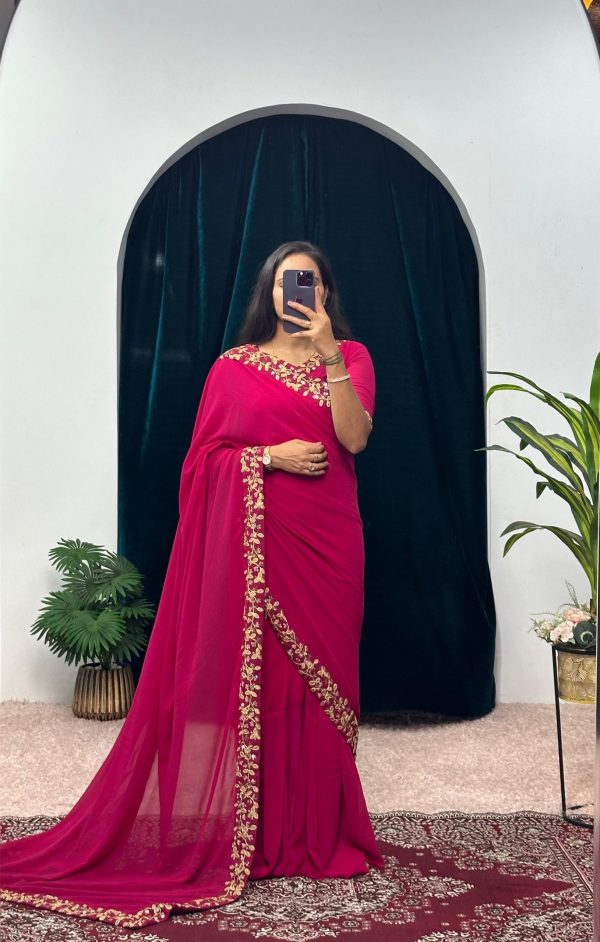 Exotic Pink Color Faux Georgette Embroidery Work Border Stitched Saree-Gown