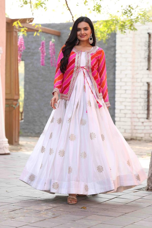 Exotic White Color Chinon Cording 3mm Sequence Embroidery Work Anarkali Gown