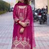 Extractive Red Color Roman Shimmer Silk Embroidery Sequences Work Peral Moti Salwar Suit