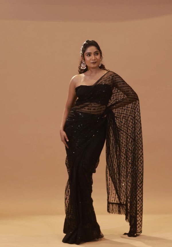 Fancy Black Color Nylon Butterfly Net Sequence With Thread Work Saree