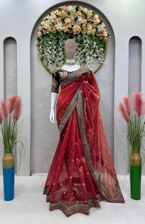 Fancy Red Color Twill Net Thread & Sequence work Saree