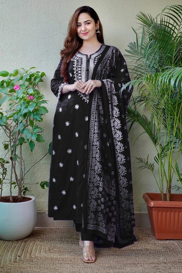 Fantastic Black Color Rayon Cotton With Embroidery Work Salwar Suit