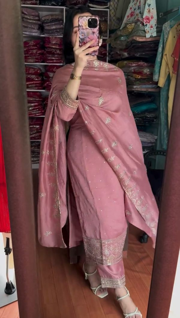 Fantastic Pink Color Chinon Silk With Embroidery Sequence Work Salwar Suit