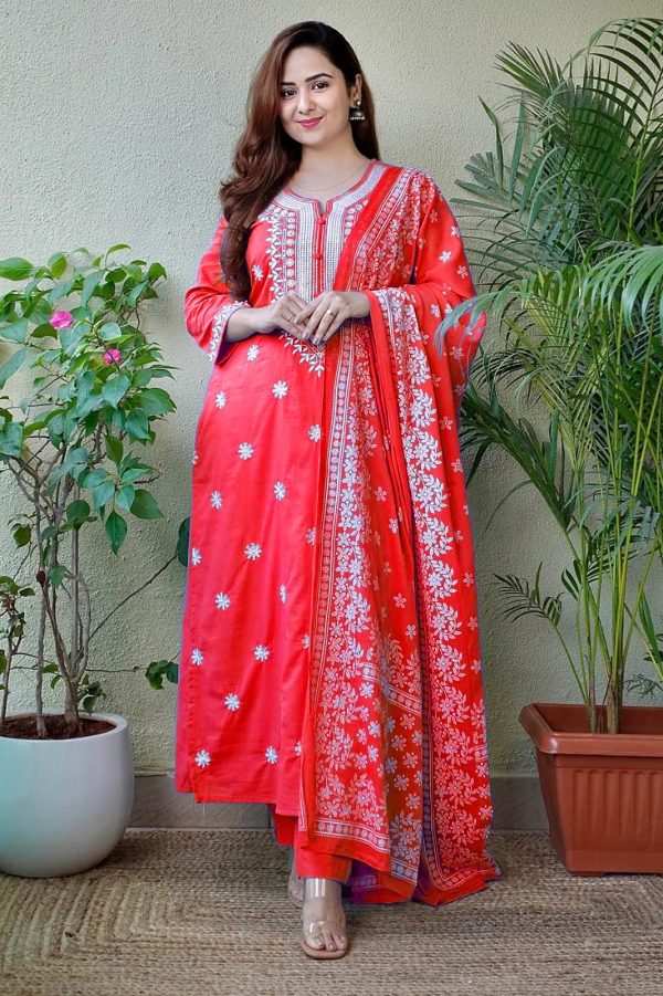 Fantastic Red Color Rayon Cotton With Embroidery Work Salwar Suit