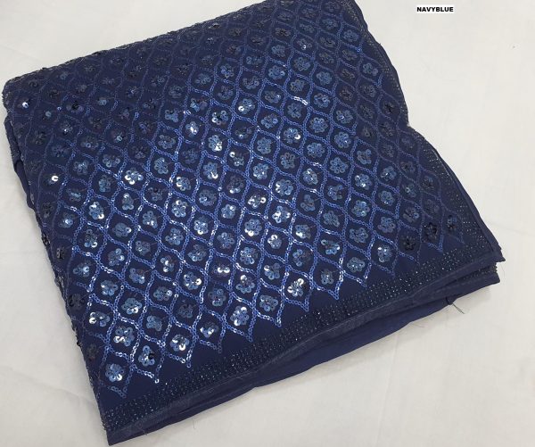 Glowing Navy Blue Color Georgette Dual Sequins 3MM & 5MM Embroidery Sequins Work Saree