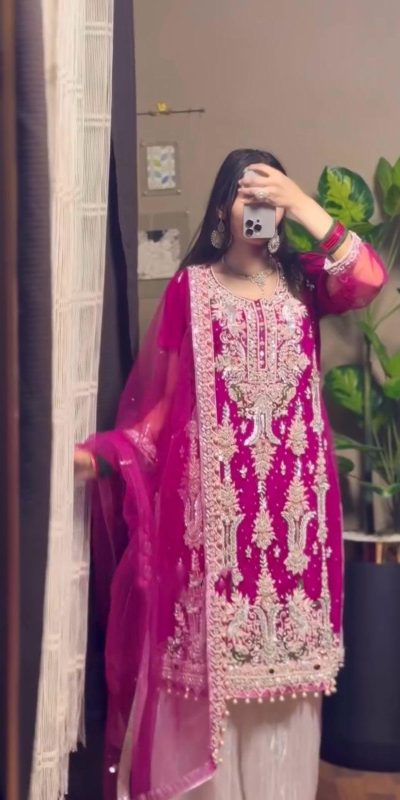 Glowing Pink Color Fox Georgette With Sequence Embroidery Work  Pari Lace Salwar Suit