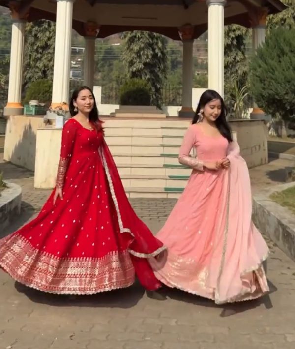 Glowing Red Color Fox Georgette With Embroidery Work Anarkali Gown