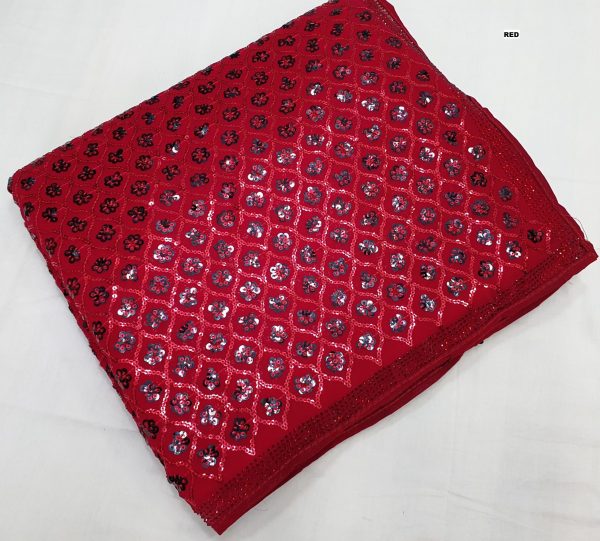 Glowing Red Color Georgette Dual Sequins 3MM & 5MM Embroidery Sequins Work Saree