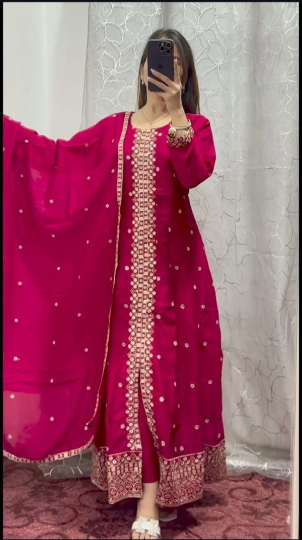 Glowing Red Color Pure chinon With Embroidery Work With kali Salwar Suit