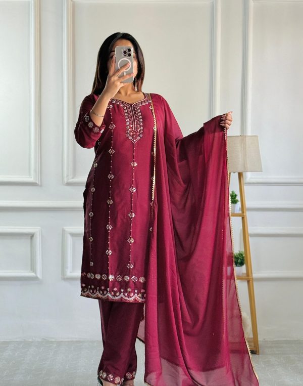 Glowing Red Color Star Georgette With Embroidery Moti Work Salwar Suit
