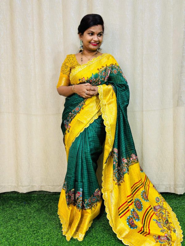 Graceful Green Color dola mangalagiri checks All Over Kalamkari Floral Print Saree