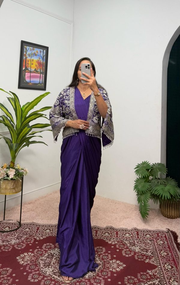Magical Purple Color Chinnon With Fully Embroidery Koti Ready To Wear Saree
