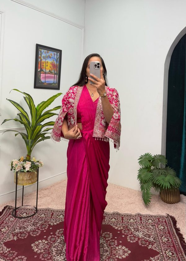 Magical Pink Color Chinnon With Fully Embroidery Koti Ready To Wear Saree