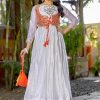 Magical White Color Chinon Laheriya Print Gotta Patti Cording Work Anarkali Gown