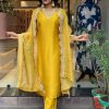 Magical Yellow Color Chinon Silk Wide Digital Print Coding Work Lace Salwar Suit