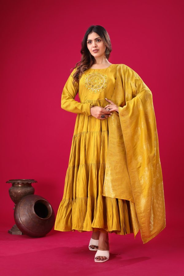 Magical Yellow Color Roman Silk With Embroidery Sequence Work Anarkali Gown
