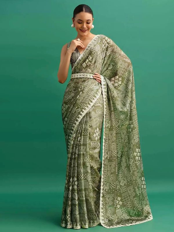 Presenting Green Color Chinnon Silk Digital Prints Embroidery Codding Sequins Work Saree