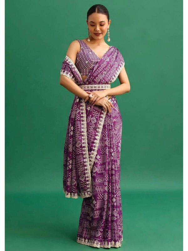Presenting Purple Color Chinnon Silk Digital Prints Embroidery Codding Sequins Work Saree