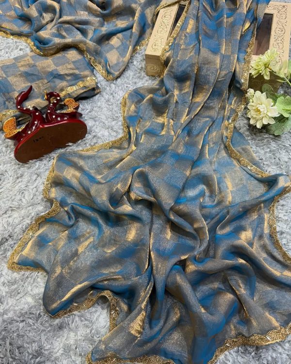 Pretty Blue Color Fendi Chiffon Pattern Hand Work Lace Saree