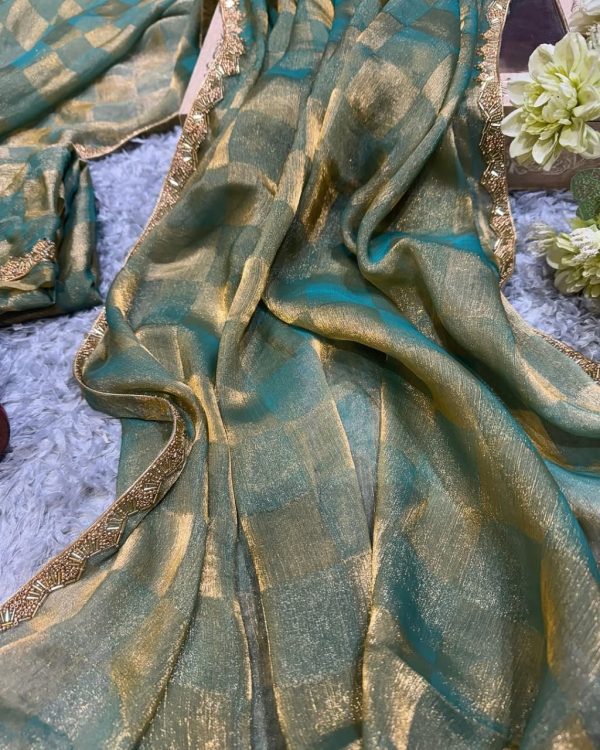 Pretty Green Color Fendi Chiffon Pattern Hand Work Lace Saree
