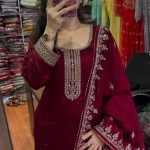 Pretty Marron Color Chinnon Silk With Embroidery Sequence Work Salwar Suit