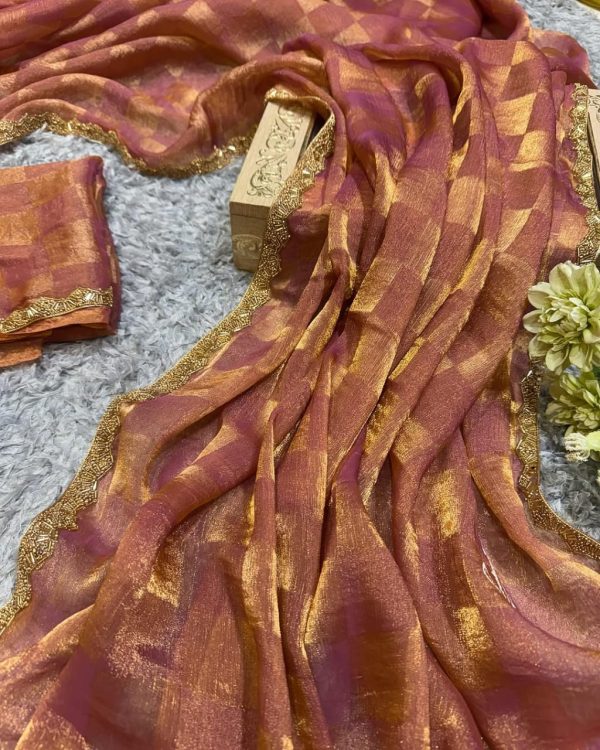 Pretty Peach Color Fendi Chiffon Pattern Hand Work Lace Saree