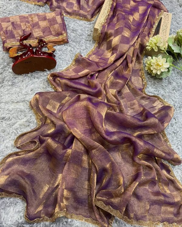 Pretty Wine Color Fendi Chiffon Pattern Hand Work Lace Saree