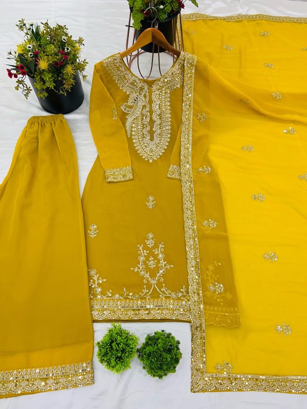 Pretty Yellow Color Faux Georgette With Embroidery Sequence Work Salwar Suit