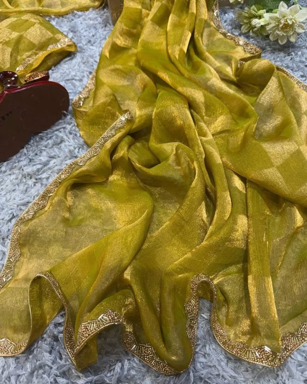 Pretty Yellow Color Fendi Chiffon Pattern Hand Work Lace Saree