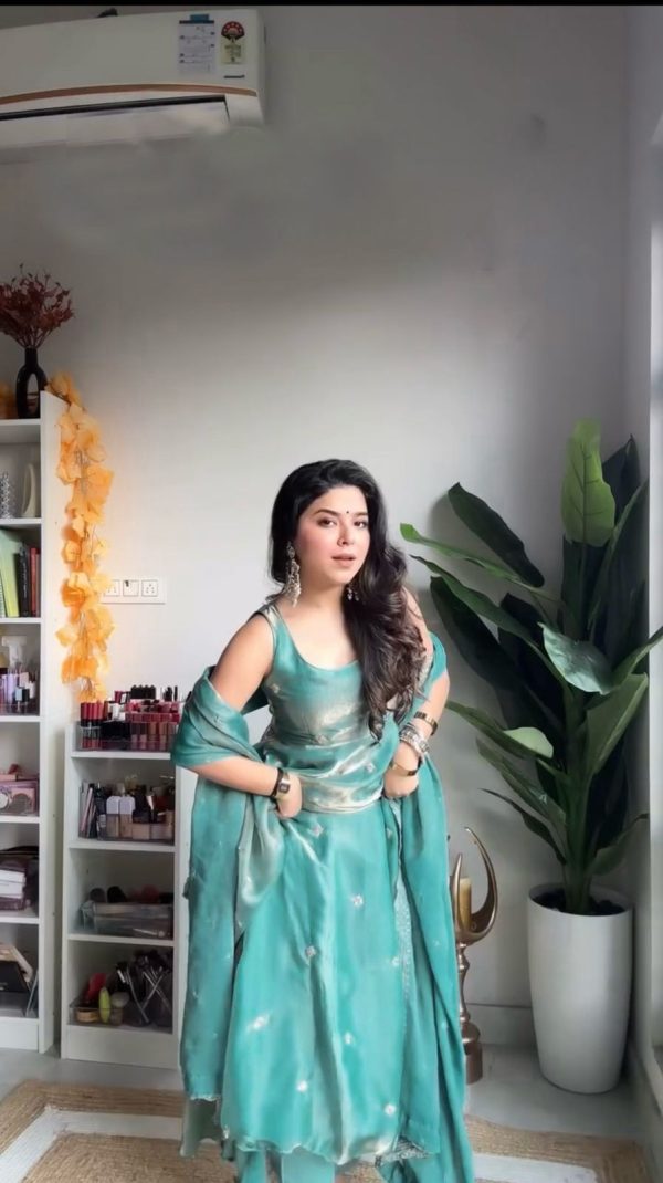 Shiny Sky Blue Color Fendi Silk Thread With Sequence Anarkali Gown