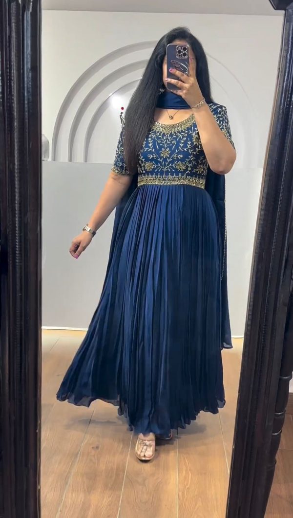 Stunning Navy Blue Color Chinon Silk Thread With Real Mirror Gown