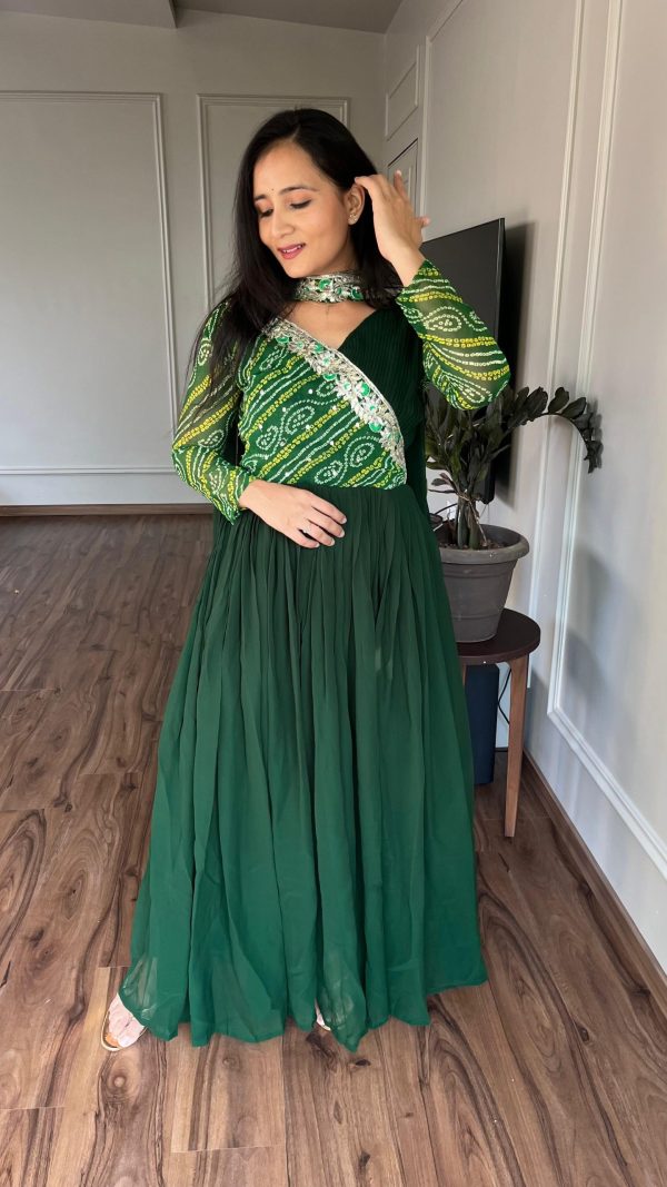 Superb Green Color Bandhej With Fox Georgette 3mm Sequence Embroidery Work Anarkali Gown