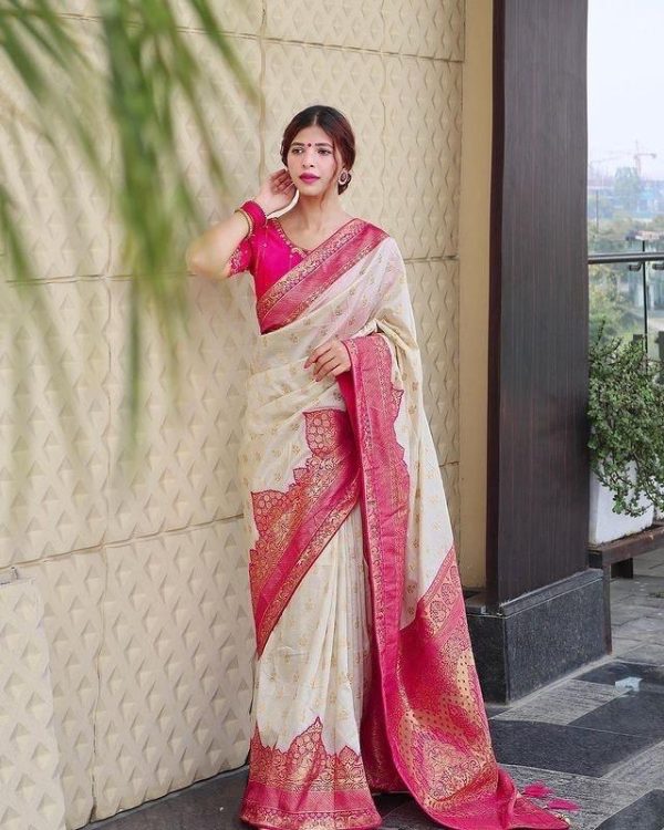Superb Half White Color Soft Lichi Silk Jacquard Work On All Over Saree