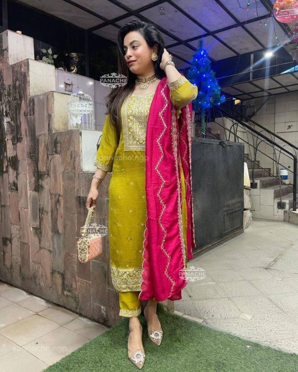 Superb Mahandi Color Chinon With Embroidery Work Salwar Suit
