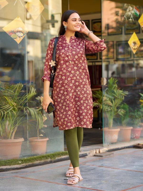 Superb Marron Color Simmer Silk Office Wear Printed Kurti