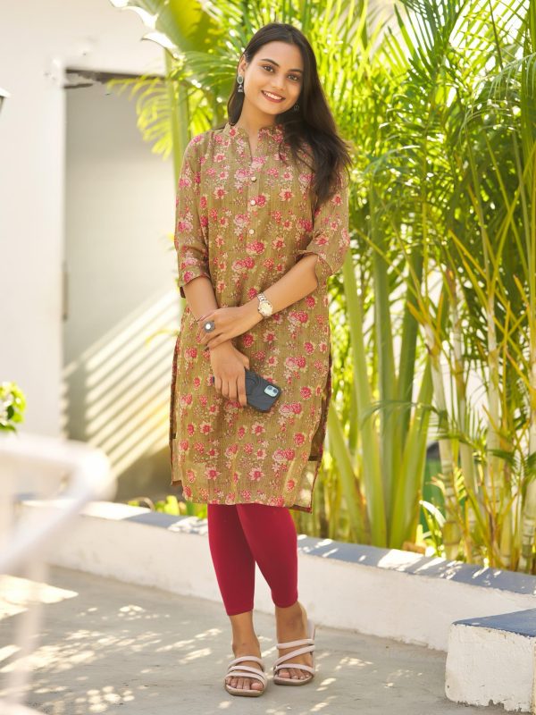 Superb Mehandi Color Simmer Silk Office Wear Printed Kurti